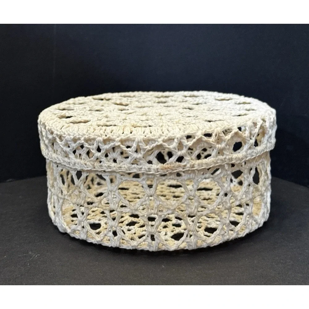 Vintage Crocheted Lidded Trinket Box Stiff Starched Cottagecore Boho Coastal